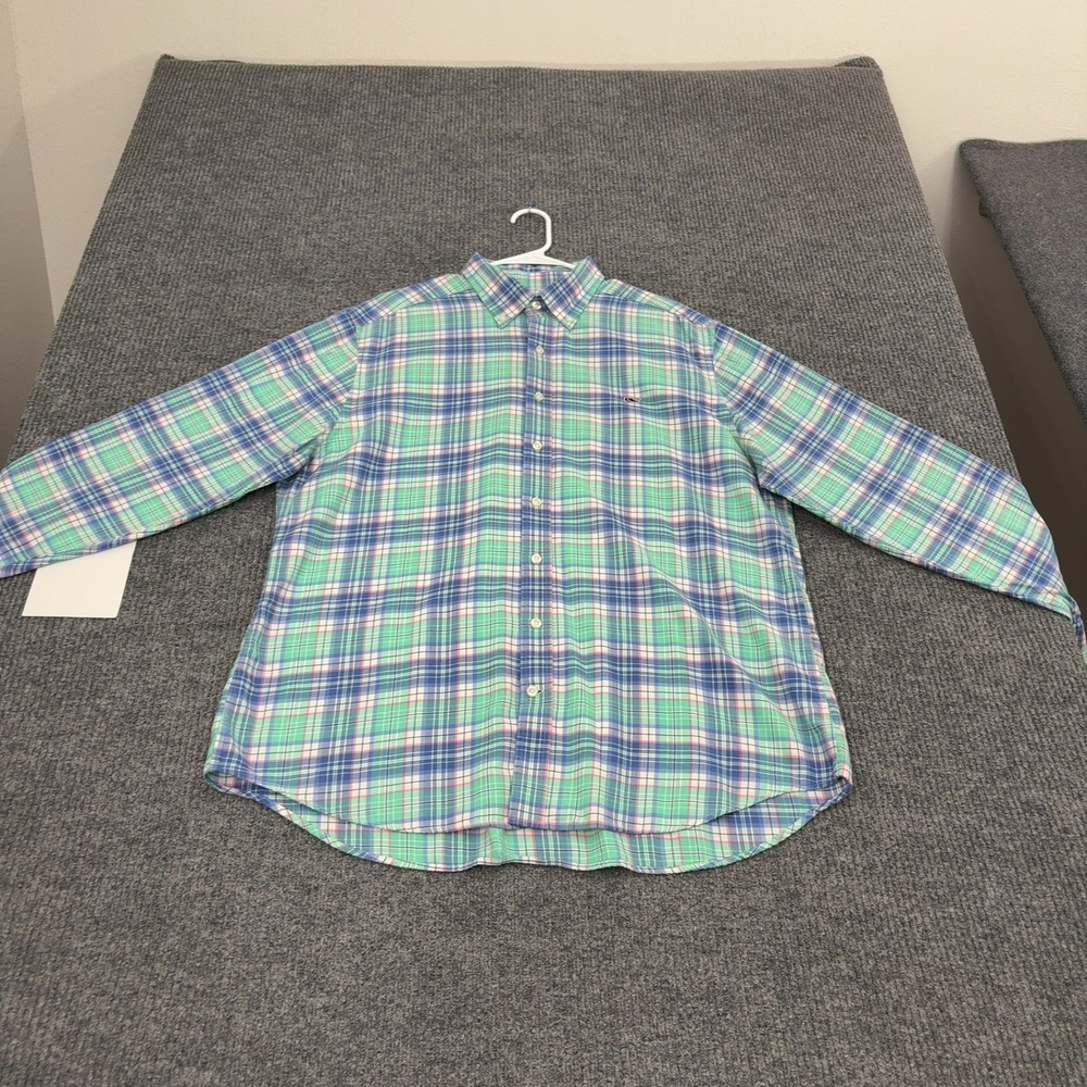 Vineyard Vines Shirt Mens XL Green Cotton Plaid Whale Slim Fit Preppy Casual